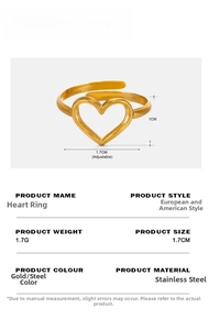 Detailed spec sheet of adjustable 18K gold heart ring with size and weight info