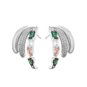 Three-layer C-shaped hoop earrings with colorful cubic zirconia in a silver finish