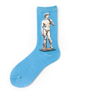 Detail of sky blue crew sock featuring a pixelated Michelangelo David statue pattern