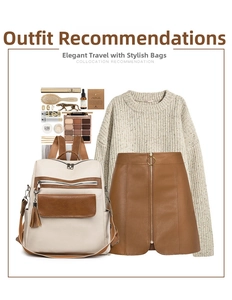 Flat lay of beige and brown lychee grain backpack with tassel zipper and knit sweater