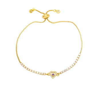 Elegant gold adjustable heart bracelet with purple zircon and white stones