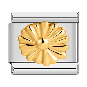 Italian charm link with a detailed golden daisy flower on a polished stainless steel base
