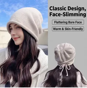 Women Winter Warm Knit Beanie Hat Large Head Slouchy Beanie With Drawstring Ear Protection Rolled Edge Acrylic Knitted Cap