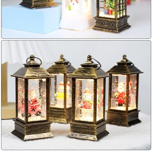 Close-up of vintage bronze LED Christmas lantern with Santa, snowman and silver glitter