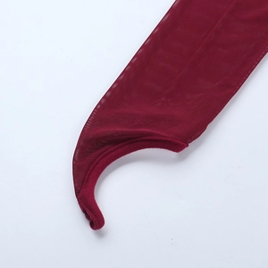 Detail of burgundy mesh dress sleeve with functional thumbhole and fine texture