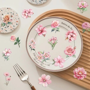 50pcs waterproof clear pink floral stickers with watercolor rose and tulip designs