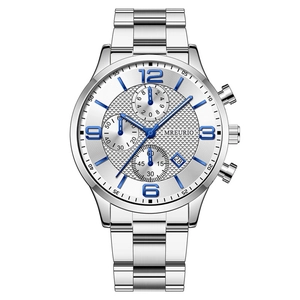 Reloj cronógrafo de acero plateado para hombre con esfera blanca texturizada y números azules
