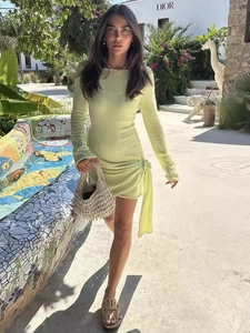 Robe Courte Plissée Manches Longues Tricot Coupe Ajustée Nœud Latéral Col Rond Vacances Couleur Unie Femmes