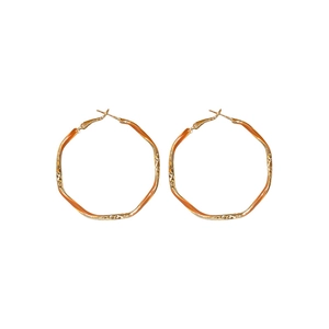 Vintage irregular octagonal gold hoop earrings with brown enamel and hammered texture