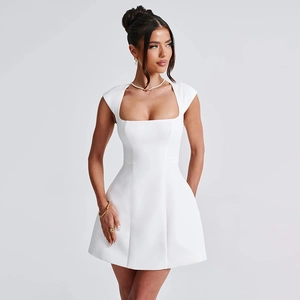 Detail view of white square neck A-line mini dress with cap sleeves and tailored waist