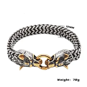 Men's Viking wolf head bracelet in polished stainless steel with double wheat chain design