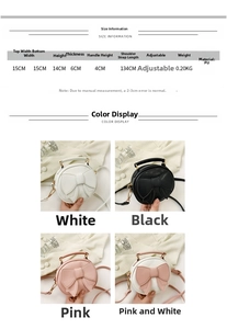 Detailed size chart for the kids mini round bag with measurements and PU material specs
