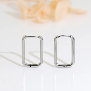 Minimalist silver rectangular geometric hoop earrings in polished stainless steel