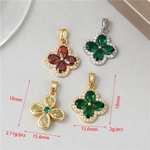 Detailed view of four-leaf clover pendants with dimensions 18mm by 15.6mm in various colors