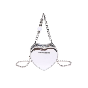 Silver mirror heart-shaped crossbody bag for girls with pearl handle and chain strap