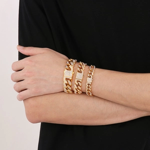 Hip hop gold plated iced out cuban link bracelet set for men and women on wrist