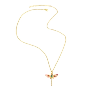 Exquisite gold dragonfly pendant necklace with red wings and green gemstone inlay