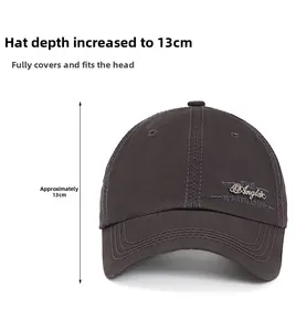 Detail showing 13cm cap depth and embroidered fashion logo on washed cotton baseball hat
