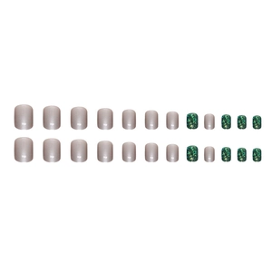 Short square emerald green glitter and silver pearlescent press-on nails set, 24 pieces