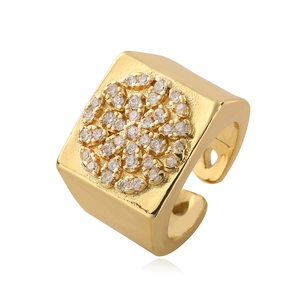 18K gold plated wide square ring with micro-pave zircons and adjustable open band
