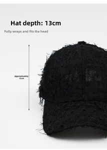 Detail of 13cm deep crown black baseball cap with distressed fringe edge texture