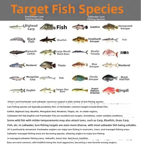 Detailed chart showing 24 common freshwater and saltwater target fish species for lures