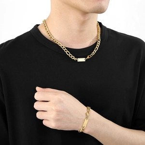 Men's titanium steel gold-plated rectangle pendant necklace and chain bracelet set