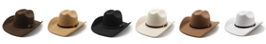 Selection of wide-brim cowboy hats in six colors with brown belts and gold buckles