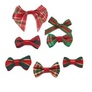 Set of 7 red and green plaid ribbon bows with gold trim for Christmas wreath DIY decor