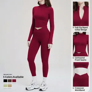 Burgundy yoga set with zipper jacket and cross waist leggings for outdoor fitness