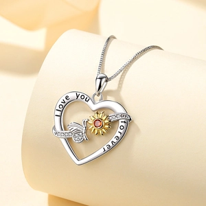 S925 sterling silver heart necklace with gold flower, butterfly and I love you engraving