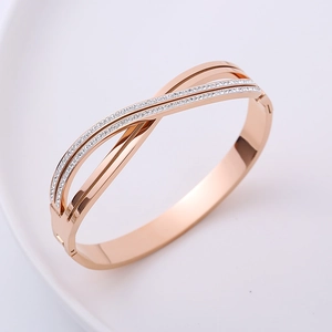 Elegant rose gold double row crossover bangle bracelet with sparkling micro-pave crystals