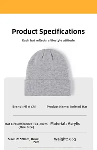 Detailed size chart for the grey acrylic knit beanie showing dimensions and weight info