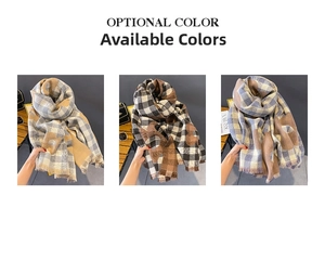 Detailed view of three thick plaid scarves with floral patterns and soft fringe tassels