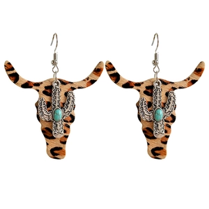 Western style leopard print bull skull earrings with turquoise cactus detail on white background