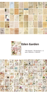 Close-up of 100 sheets vintage scrapbooking paper with botanical and script patterns