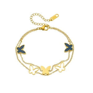 Double-layer stainless steel butterfly bracelet in gold with blue enamel pendants