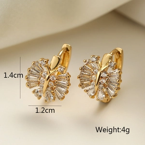 Detail showing dimensions 1.4cm by 1.2cm and weight 4g of the gold butterfly hoop earrings
