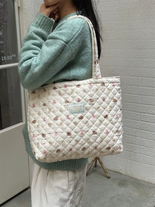 Detail of white quilted tote bag with floral bear print and light blue logo tag