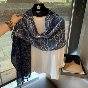 Navy blue linen scarf with polka dots and vintage floral patterns and tassels
