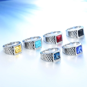 Mens stainless steel rings featuring square gemstones in six assorted vibrant colors