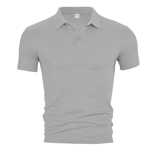 Detail of grey polo shirt collar with three buttons and breathable pique fabric texture