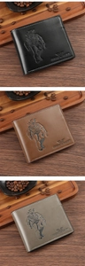 Short bifold men's wallets in black, brown and grey colors with embossed cowboy design