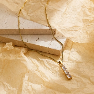 18k gold plated stainless steel box chain necklace with three vertical zircon stones
