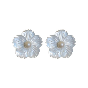 Elegant shell flower stud earrings with pearl centers and polished petals for women