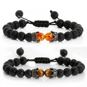 Natural Lava Stone Tiger Eye Beaded Bracelet With Alloy Crown Micro Paved Zircon Retro Adjustable Jewelry