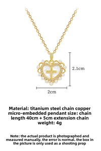 Detailansicht der Herz-Kreuz-Kette mit Perlen, Kristallen und Maßangaben in Titanstahl