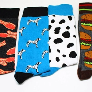 Creative crew socks featuring bacon, dalmatian, cow print, and burger patterns