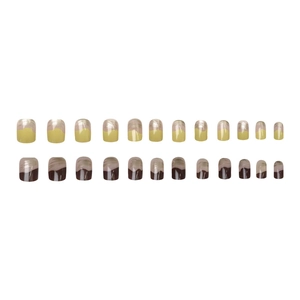 Short chocolate brown and yellow press-on nails with silver marble liquid texture