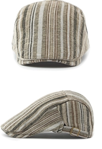 Détail de la casquette plate à rayures avec boucle latérale en métal bronzé